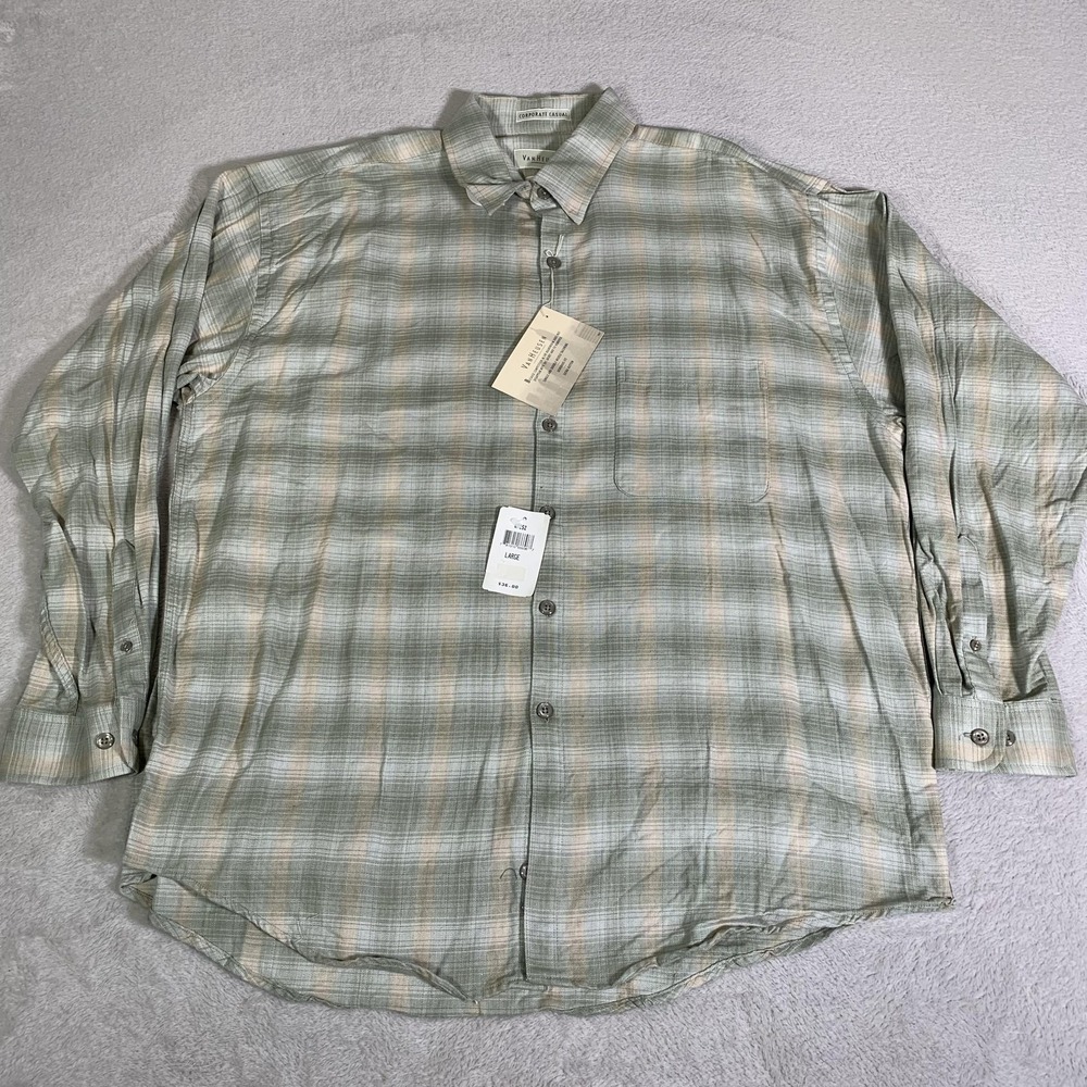 Van Heusen Shirt Mens Large 16-16 1/2 Green Plaid Long Sleeve Corporate NEW